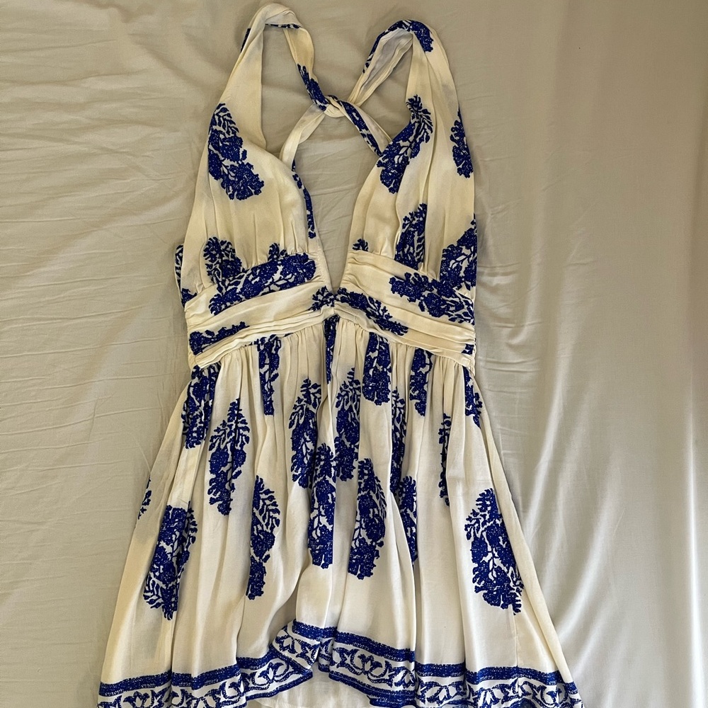 Blue and off white patterned mini dress